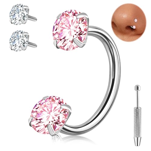 ONESING 9-40 Pcs Nose Rings - Hoops, Studs & L Shape - Hypoallergenic Stainless Steel Nose Piercings for Women & Men - color: 20G-Pink CZ -Silver