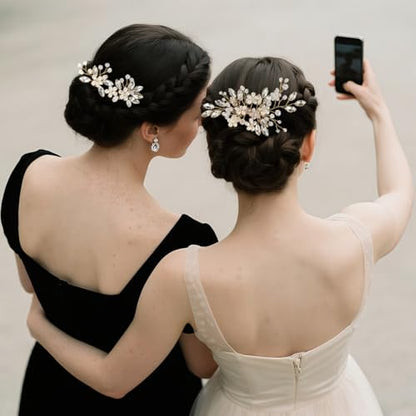 Wedding Hair Accessories Crystal bridal hair pins Rhinestone Pearl hair comb Brides and Bridesmaids, Girls, Women(Gold) - color: Gold