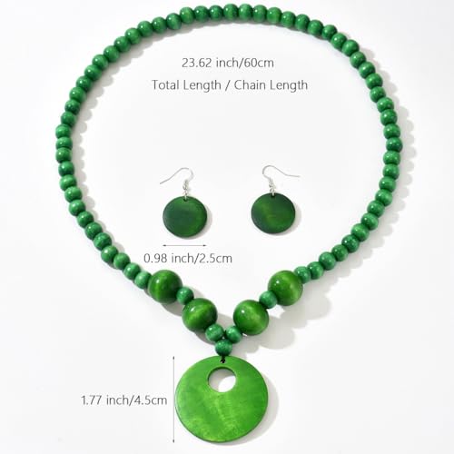 LOTSOF Boho Wooden Beaded Necklace and Earring Set for Women, Bohemian Chunky Statement Costume Jewelry, Round Drop Pendant Retro Ethnic Accessories Ladies Gift - color: Green
