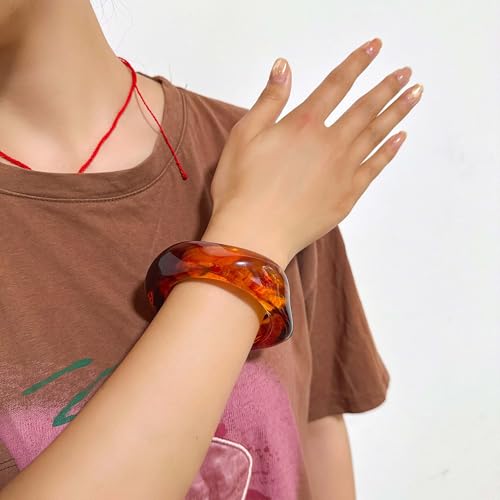 2PCS Chunky Acrylic Bracelet for Women Large Square Resin Cuff Vintage Open Bangle Bracelets Wide Geometric Jewelry - style: brown+brown