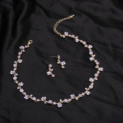 Elegant Brides Austrian Crystal Flower Choker Necklace Drop Dangle Earring Bracelet Wedding Jewelry Set for Bridesmaid Prom Costume Jewelry Set for Women - color: Violet-Gold Plated