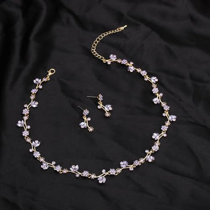 Elegant Brides Austrian Crystal Flower Choker Necklace Drop Dangle Earring Bracelet Wedding Jewelry Set for Bridesmaid Prom Costume Jewelry Set for Women - color: Violet-Gold Plated