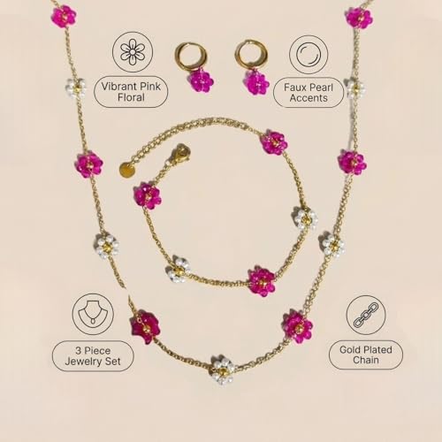 Daisy Pearl Jewelry Set for Women, 14K Gold Plated Stainless Steel Necklace Bracelet Earring 3 Piece Set, Dainty Pearl Choker Flower Necklace Birthday Gift for Her - color: Rose Red + Pearl White