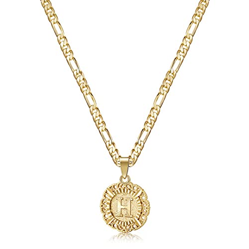 KissYan Initial Necklaces for Women, 14K Gold Plated Round Letter Pendant Capital Monogram Necklace Alphabets from A-Z Figaro Chain Jewelry - color: Gold, style: H