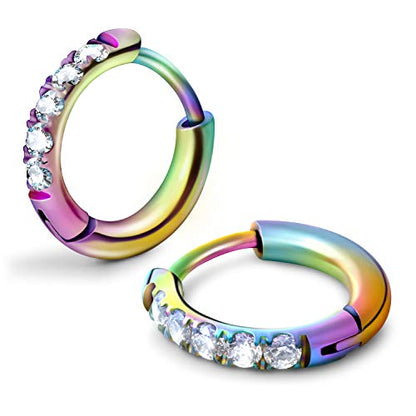 Hypoallergenic Unisex Surgical Steel Small Cubic Zirconia Huggie Hoop Earring, Color Gold - Silver - Rose Gold - Black - Rainbow, Size 6mm- 12mm Safe for Sensitive Ear - style: A0002 : 8MM Rainbow Hoops(2mm thickness)