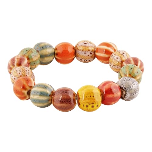 Boho Hippie Colorful Ceramic Beads Strand Stretch Bracelet, Bohemian Summer Beach Jewelry Gift for Women - color: S04