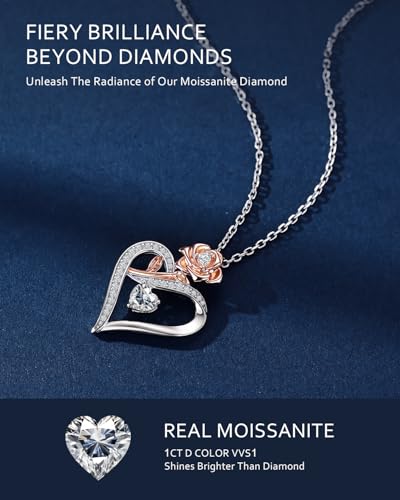 EleShow Moissanite Necklace for Women, Sterling Silver Rose Heart Pendant Necklace, Romantic & Ideal Jewelry Gift for Her on Birthday, Anniversary, Mothers Day
