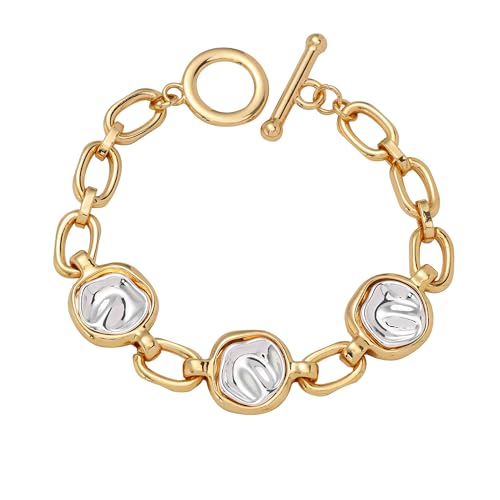 14K Gold & Silver Plated Lightweight Link Bracelet for Women | Stackable Bracelets ,14K Gold Plated Bracelets with CZ,Lightweight Trendy Chain Bracelet Jewelry Gift - style: round&gold chain