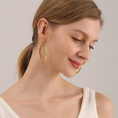 OOOPEL 925 Sterling Silver Hoop for Women Gold Hoop Earrings Hypoallergenic Diamond-Cut Ripples Designed - Non Tarnish Large Hoop Earrings(30/40/50/60/70mm) - color: Gold-50mm