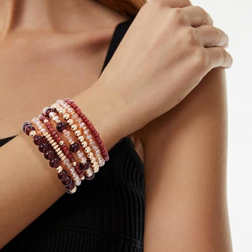 Boho Beaded Stretch Bracelets For Women Stackable Crystal Gold Plated Beaded Bracelets Set Trendy Handmade Friendship Braeclet Jewelry Gifts - color: A-Brown Set