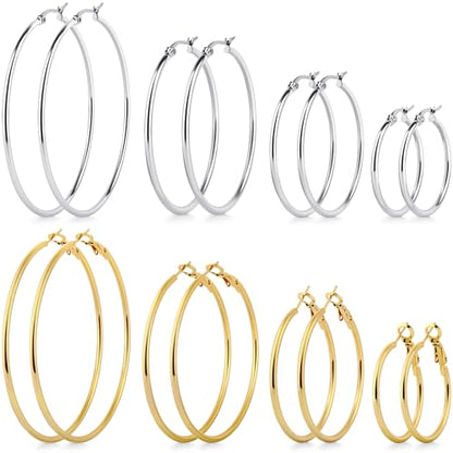 8 Pairs Gold Hoop Earrings for Women, 14K Gold Plated and Silver Hoops, Hypoallergenic Stainless Steel Classic Thin Large Set 30/40/50/60mm (1.18–2.36in) - color: 8 Pairs Gold/Silver-30/40/50/60mm