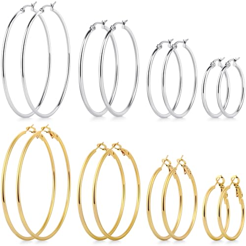 8 Pairs Gold Hoop Earrings for Women, 14K Gold Plated and Silver Hoops, Hypoallergenic Stainless Steel Classic Thin Large Set 30/40/50/60mm (1.18–2.36in) - color: 8 Pairs Gold/Silver-30/40/50/60mm