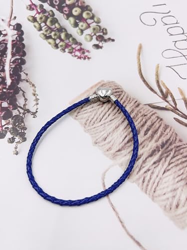 GMXLin Leather Charm Bracelet Heart Snap Clasp Clip Lock Handmade Braided Wristband Compatible with Women Pandora Charm Bead - color: Blue