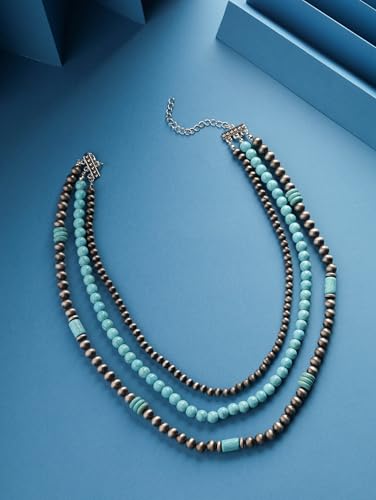 MINACHI Boho Multi Layer Necklace with Green Stone Beads, Handmade Beaded Chain Necklace, Vintage Hippie Jewelry for Women - style: Necklace NECK.004