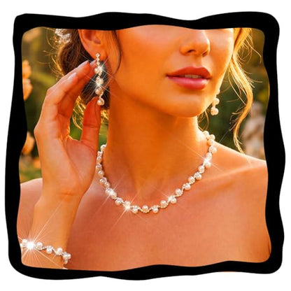 Aukmla Pearl Wedding Jewelry Sets Silver Rhinetsone Choker Necklace and Earring Bracelet Set Prom Jewelry for Brides and Women - color: Gold