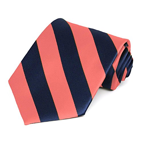 tiemart Men's Striped Tie Standard Length - color: Bright Coral and Navy Blue