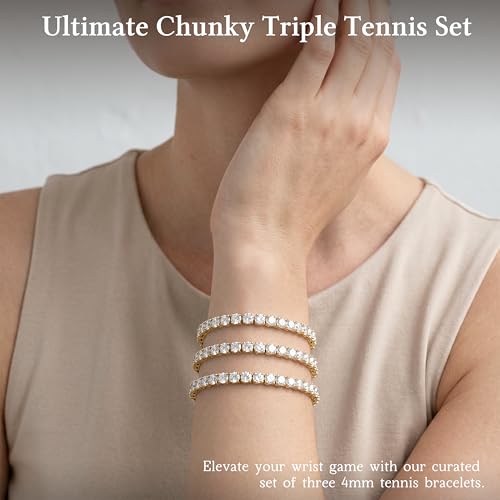 925 Sterling Silver Bracelets for Women Stack, Trendy Tennis Bangle Cuff Jewelry Set 14K Gold Plated, Adjustable Bracelet Set for Wrist Essentials, Women Fashion Watch Band Acecessories - style: Bracelet_3pcs(Gold Tennis Set 4mm)