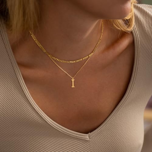 Initial Necklaces for Women Dainty Gold Silver Layered Letter Pendant Necklace Cute Figaro Chain Choker Necklace Personalized Trendy Stuff Jewelry Stack Gift for Women Her - color: Gold, style: I