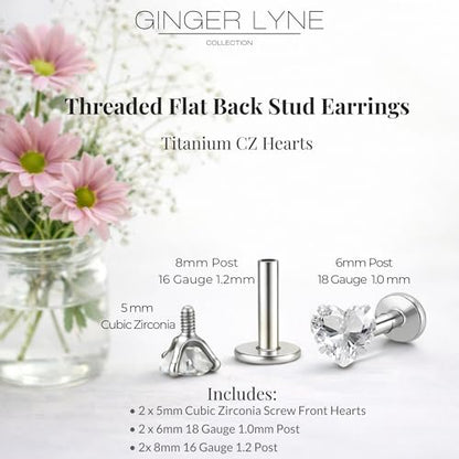 Titanium Heart CZ Labret Stud Earrings for Piercings by Ginger Lyne 6Pc Set G23 Screw Front Flat Back Body Jewelry 2 pair post 6mm, 8mm Cartilage, Helix, Tragus, Lip, Conch, Lobe - color: 5mm-Clear