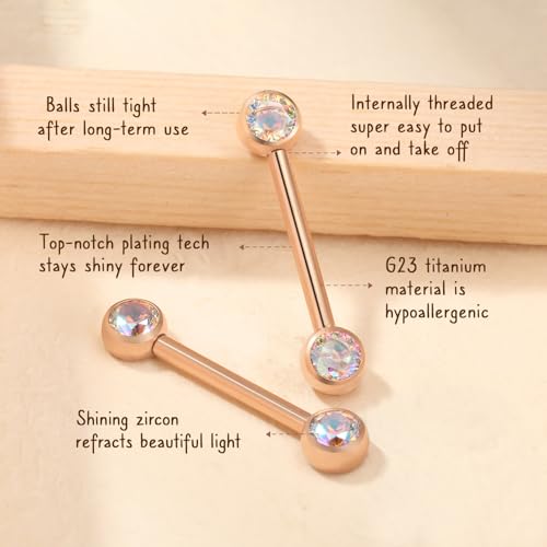 AROWRO Nipple Piercing Jewelry Nipple Rings Titanium Nipple Rings Implant Grade Hypoallergenic 14G Internally Threaded Straight Barbells with Cubic Zirconia Opal Gold Silver Rose Gold Black 12mm 14mm 16mm 18mm 20mm - color: Rose Gold+Clear ABCZ