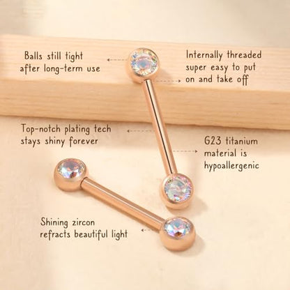 AROWRO Nipple Piercing Jewelry Nipple Rings Titanium Nipple Rings Implant Grade Hypoallergenic 14G Internally Threaded Straight Barbells with Cubic Zirconia Opal Gold Silver Rose Gold Black 12mm 14mm 16mm 18mm 20mm - color: Rose Gold+Clear ABCZ