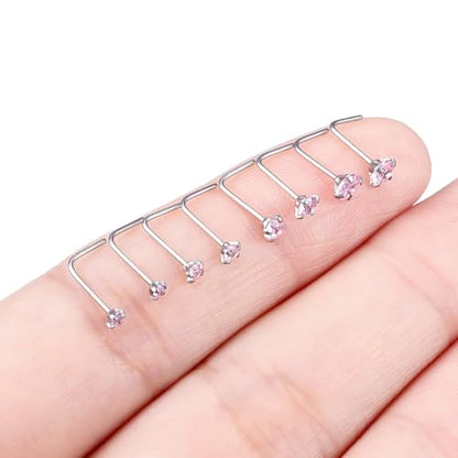Hoeudjo Hypoallergenic Nose Rings Studs 24G Surgical Stainless Steel Cubic Zirconia Nose Studs for Women Men Screw & Bone & L Shaped Nostril Piercing Jewelry with 1.5mm 2mm 2.5mm 3mm CZ - color: silvertone(pink CZ),L-shaped nose studs