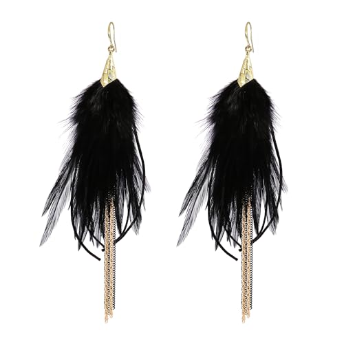 Bohemian Feather Dangle Earrings for Women with Shell Beads Long Tassel Design Drop Earrings - style: Style-Black