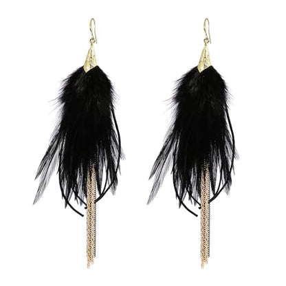 Bohemian Feather Dangle Earrings for Women with Shell Beads Long Tassel Design Drop Earrings - style: Style-Black