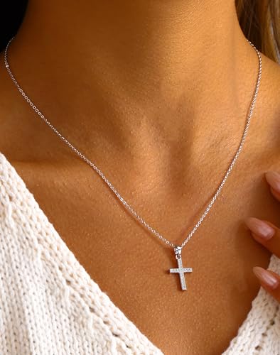 Cross Necklace for Women, 14K Gold Plated Cubic Zirconia Cross Pendant Necklace, Trendy Christian Jewelry Gifts for Baptism First Communion Christmas - color: Style J - Silver