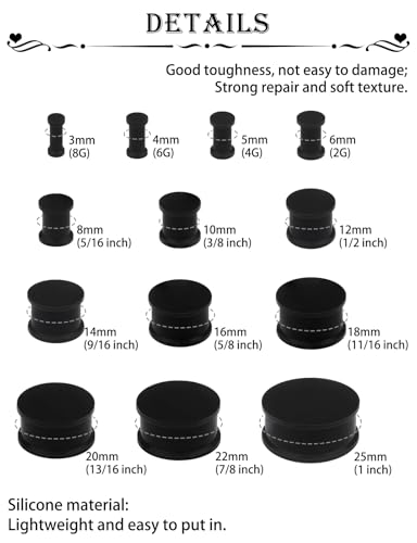 Ears Gauges Tunnels Plugs for Women Solid Silicone Ear Gauge Stretching Kit 8G to 1" (3MM- 25MM) Expander Stretcher Plug Earrings for Piercing Jewelry for Women (Black White Flesh) - color: 8g to 1", Black