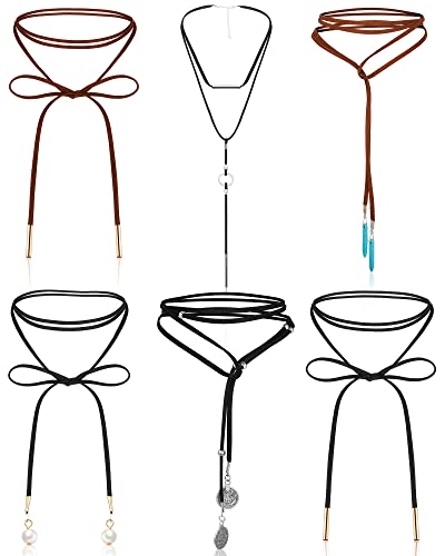 Sureio 6 Pcs Women Choker Necklaces Black Brown Western Leather Velvet Tie | Tassel Chain Wrap Styles, Bolo Tie for Women, Gothic Collar Jewelry, Women Vintage Necklaces, Party Layered Necklace