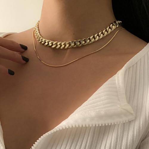 Gold Choker Necklace Dainty Cuban Link Necklace Simple Flat Snake Chain Necklace Layered Herringbone Necklace Hip Hop Jewelry for Women - style: Style-5