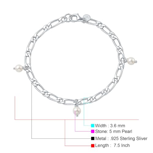 Blue Apple Co. 925 Sterling Silver Figaro Link Pearl Bracelet for Women