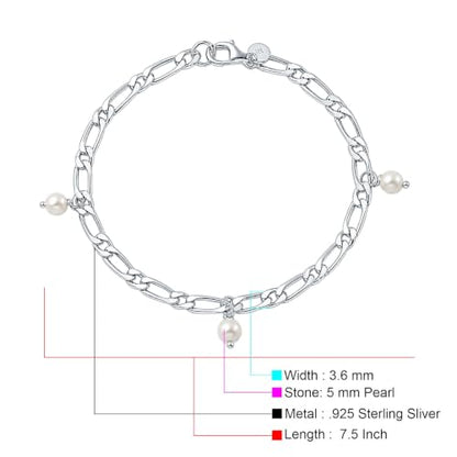 Blue Apple Co. 925 Sterling Silver Figaro Link Pearl Bracelet for Women