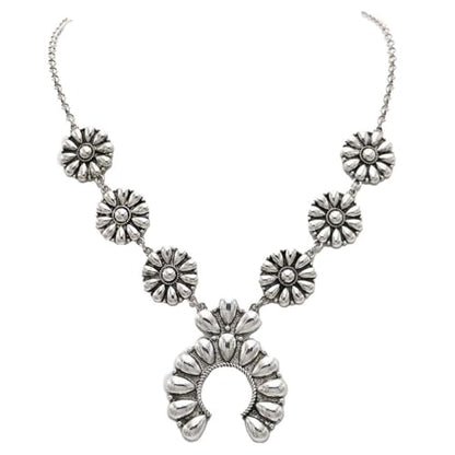 Rosemarie & Jubalee Women's Western Chunky Squash Blossom Statement Necklace,Burnished Silver Rolo Chain, Lobster Clasp, 22+3