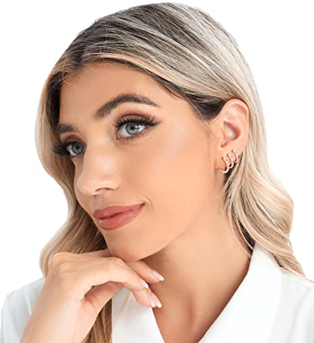 3 Pairs 925 Sterling Silver Small Huggie Hoop Earrings for Women Men | 14K White Gold Plated, Hypoallergenic, Small Silver Hoops - color: E-Rose Gold 8/10/12mm
