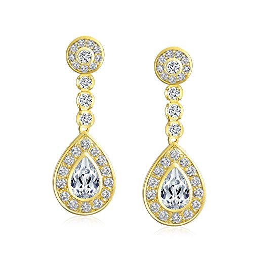 Bling Jewelry Statement Teardrop Cubic Zirconia AAA CZ Dangle Chandelier Screw Clip On Earrings For Women Silver Plated More Colors - color: Gold