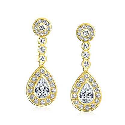 Bling Jewelry Statement Teardrop Cubic Zirconia AAA CZ Dangle Chandelier Screw Clip On Earrings For Women Silver Plated More Colors - color: Gold