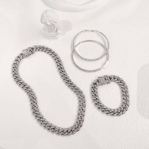 Luxval Tennis Necklace Set for Women Tennis Bracelets Diamond Earrings Sterling Silver Necklace Wedding Jewelry for Bride Silver Jewelry Sets for Women Gift - color: Silver-cuban hoop 3Pcs