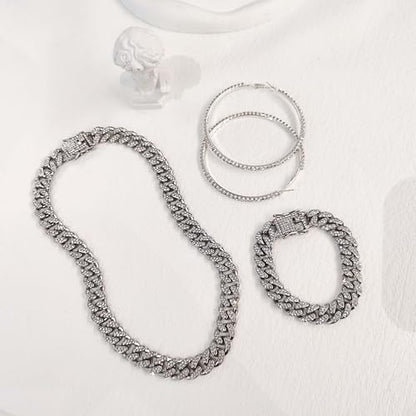 Luxval Tennis Necklace Set for Women Tennis Bracelets Diamond Earrings Sterling Silver Necklace Wedding Jewelry for Bride Silver Jewelry Sets for Women Gift - color: Silver-cuban hoop 3Pcs