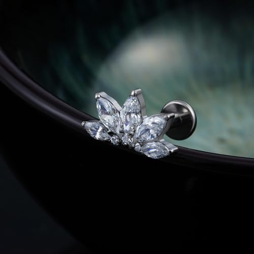 FINE4U 1PC ASTM F136 Titanium 16G Flatback Stud for Tragus, Helix, Conch 6mm 8mm - Screw on Cartilage Earring Piercing Jewelry - color: Flower CZ - Tit