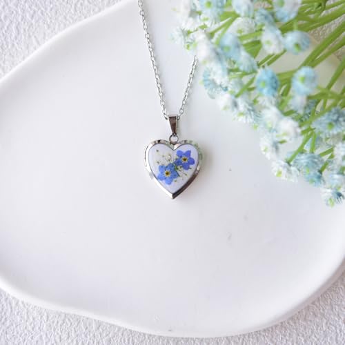 Heart Locket Necklace That Holds Pictures Pressed Flower Photo Locket Pendant Necklace for Girl Women Gift for Her - style: forget me not-silver