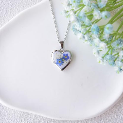Heart Locket Necklace That Holds Pictures Pressed Flower Photo Locket Pendant Necklace for Girl Women Gift for Her - style: forget me not-silver