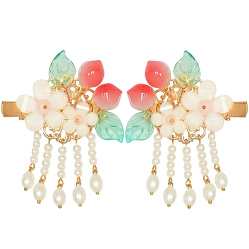 A Pair Wedding Hair Clips, Handmade Floral Design Crystal Hair Clips Pearl Barrettes, Rhinestones Flower Clips Pearl Headpieces Hair Pins Hair Accessories for Women Girls (White Peach) - color: White Peach