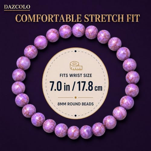 8mm Natural Crystal Stretch Bracelet | Handmade Round Stone Bead Bracelet, Runs Large, Meditation Yoga Gift for Women & Men - color: Purple Turquoise Magnesite
