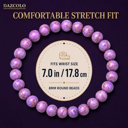 8mm Natural Crystal Stretch Bracelet | Handmade Round Stone Bead Bracelet, Runs Large, Meditation Yoga Gift for Women & Men - color: Purple Turquoise Magnesite