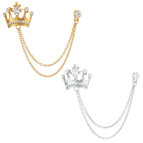 Crown Suit Pins 2PCS Men's Crown Hanging Chain Brooch, Retro Crystal Brooch | for Men, Suit Pin Badge with Chains, Collar Lapel Pins, Shirt Decoration, Metal Clips, Women Tuxedo Tie, Hat Scarf