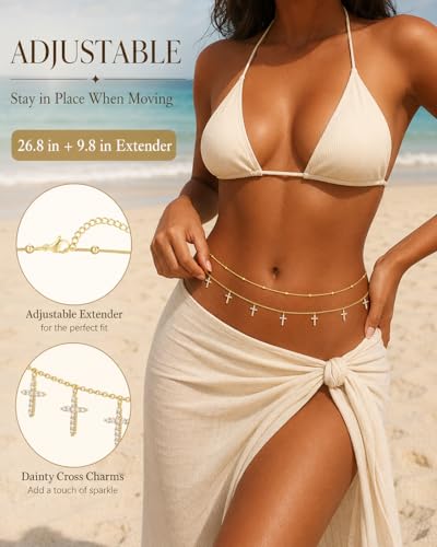 Waist Chain for Women Belly Chain Waist Beads Body Chain | 14K Gold Plated Chain Belts, Waterproof Non Tarnish Body Jewelry, Dainty Sexy Gift for Her, Layered Summer Beach Accessories - style: satellite & cross