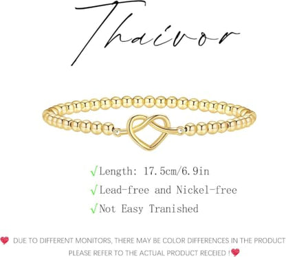Beaded Bracelets for Women 14K Silver Gold Plated Stretch Handmade Ball Bracelets Cute Charm Bracelet Dainty Stackable Cross Heart Bow Wave CZ Circle Trendy Jewelry Easter Gifts - color: knot-heart