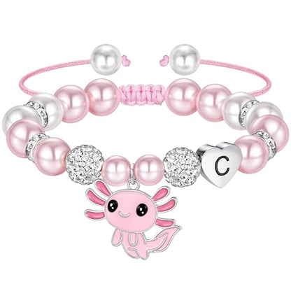 Ritach Graduation Gift fo Her - Cute Axolotl Heart Initial Bracelet CZ Rhinestone Beads and Pink White Pearl Bracelets for Girls Teen Kids Axolotl Graduation Gift for Her Girls Kids Axolotl Lovers - style: C